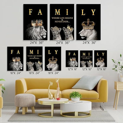 GUBIYU Family Wall Decor - Black Gold Motivational Prints Lions Art for Living & Dining Room - 16"x24"
