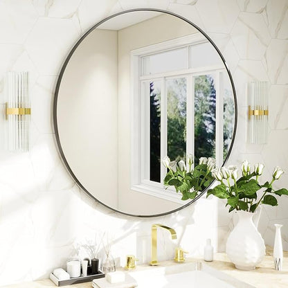 BEAUTYPEAK 24 Inch Round Mirror, Metal Frame Circle Mirror, Wall Mounted for Entryway, Bathroom, Vanity, Living Room, Black