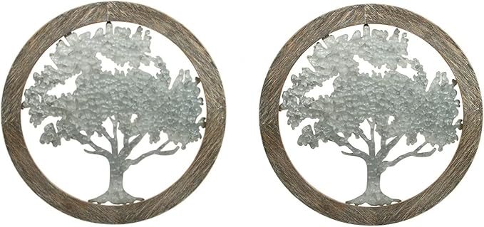 Hosley Tree of Life Wall Decor Set of 2 – 20” Round Metal Wall Art with Wooden Frame, Farmhouse Rustic Home Décor for Living Room, Bedroom, Entryway