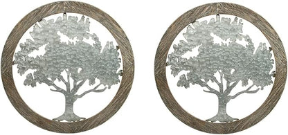 Hosley Tree of Life Wall Decor Set of 2 – 20” Round Metal Wall Art with Wooden Frame, Farmhouse Rustic Home Décor for Living Room, Bedroom, Entryway