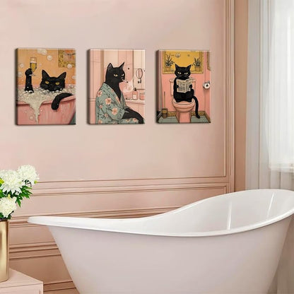Funny Japanese Black Cat Bathroom Wall Art, Cute Japan Cat in Bathtub Wall Decor Paintings Funky Animal on Toilet Reading Newspaper Poster Canvas Prints Artwork 12x16 inch Framed