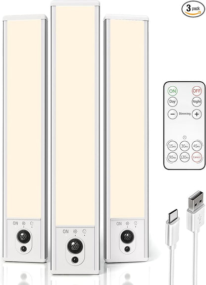 EZVALO 3-Pack Under Cabinet Lighting, 2400mAh Motion Sensor Light, LED Closet Lights Wireless, 3000K Dimmable, Timer, Magnetic, with Remote Control for Kitchen, Closet, Stairs