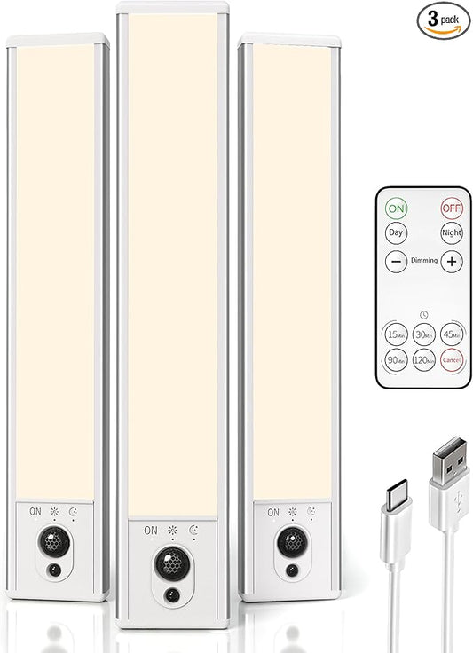 EZVALO 3-Pack Under Cabinet Lighting, 2400mAh Motion Sensor Light, LED Closet Lights Wireless, 3000K Dimmable, Timer, Magnetic, with Remote Control for Kitchen, Closet, Stairs
