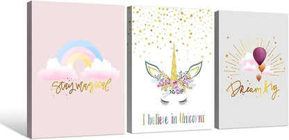 Colorful Unicorn Wall Art for Girls Bedroom Pink Unicorn Poster Pictures 3 pcs Motivational Rainbow Hot Air Balloon Cartoon Unicorns Paintings for Teen Girl Women Nursery Bathroom Decor 16"x24"