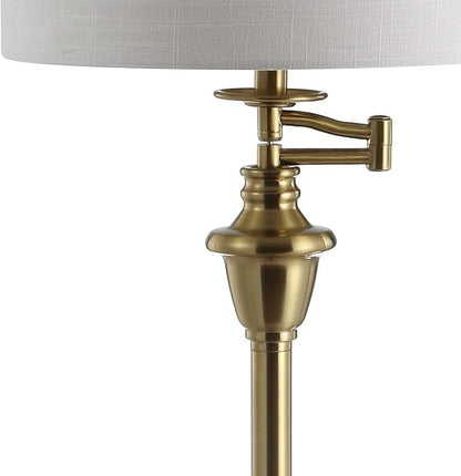 JONATHAN Y 60" Brass Gold Floor Lamp with Integrated Glass Side Table, Modern Swing Arm Standing Lamp for Living Room, White Linen Shade, LED Bulb Included JYL3055A