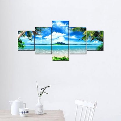 Beautiful Sky Palm Beach Paintings Modern Landscape 5 Panels Combination Set Wall Art Canvas Pictures for Home Decor Living Room Bedroom Posters and Prints Gallery-wrapped Stretched (50''W x 24''H)