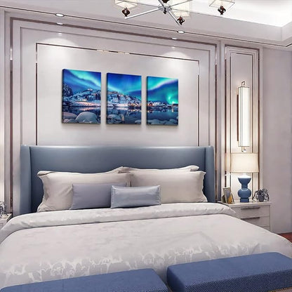 Aurora Landscape Canvas Wall Art - 3 Piece Stretched & Framed Wall Paintings Ready To Hang For Living Room, Bedroom & Office