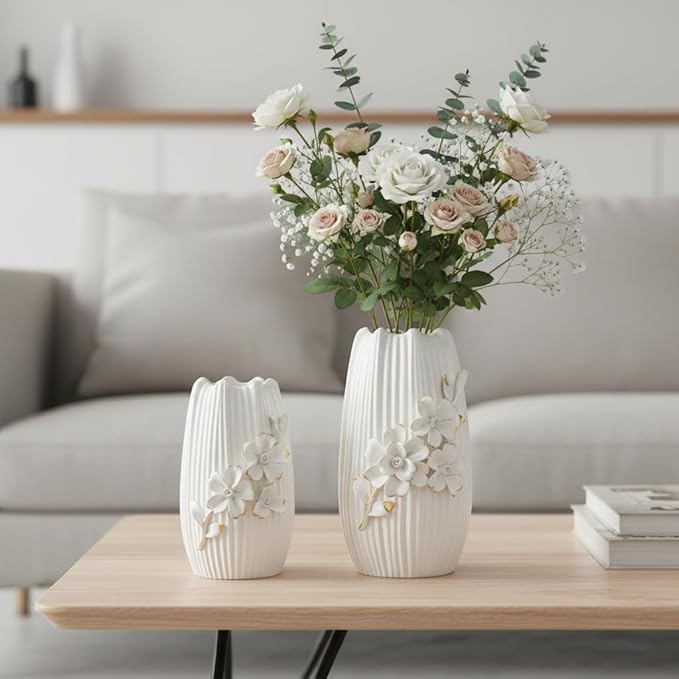 White Ceramic Vase - 9 Inch 3D Modern Vase for Centerpieces, Minimalist Decorative Vases Home Decor, Bathroom, Shelf, Kitchen, Living Room, Table Decor