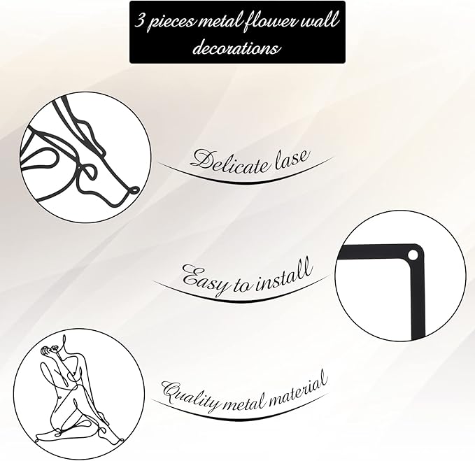 Photect 3 Pcs Metal Wall Art Decor Minimalist Abstract Woman Wall Art Metal Modern Line Drawing Decor Female Single Line Home Hanging for Bedroom Bathroom Living Room Housewarming(Modern,Black)