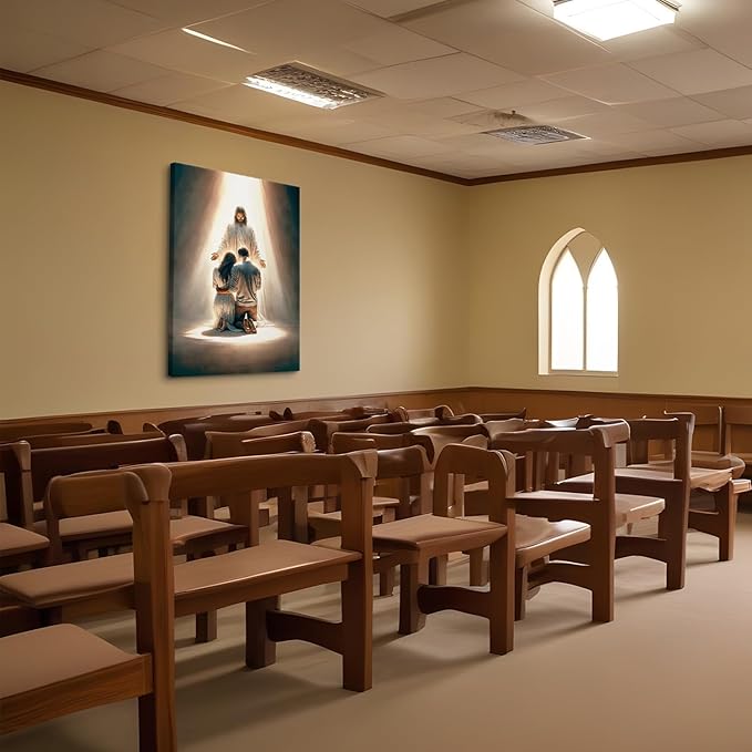 Jesus Blesses Couple Canvas Wall Art Couple Kneeling and Praying to Jesus Painting picture Wall Decor religion Christian Poster Print Artwork for Church LDS bedroom Living Home Decor 16x24 in Canvas