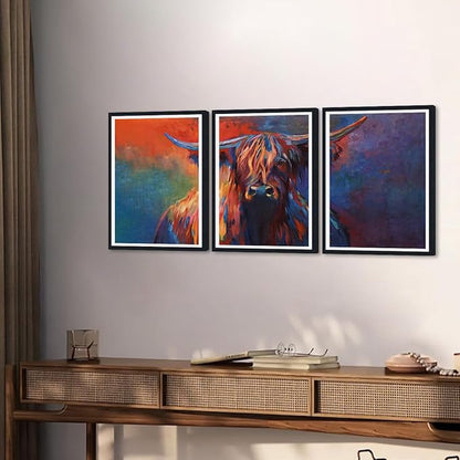 Colorful Highland Cow Framed Canvas Wall Art Set of 3 Vibrant Abstract Cow Decor for Office Nursery Living Room Bedroom Funny Farmhouse Cow Print Artwork Wall Decor Easy to Hand 12x16inchx3pcs