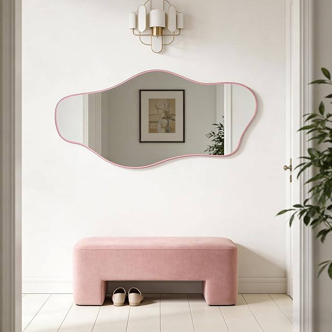Irregular Tempered Glass Mirror, 47.2"x24" Pink Asymmetrical Aesthetic Wall Mirror, Modern Organic Shape Frameless Mirrors for Living Room Hallway Entryway, Horizontal or Vertical Hanging
