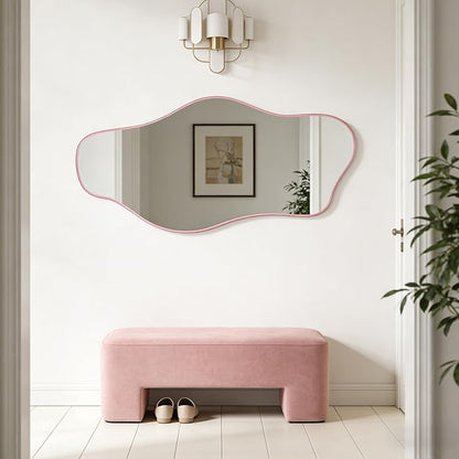 Irregular Tempered Glass Mirror, 47.2"x24" Pink Asymmetrical Aesthetic Wall Mirror, Modern Organic Shape Frameless Mirrors for Living Room Hallway Entryway, Horizontal or Vertical Hanging