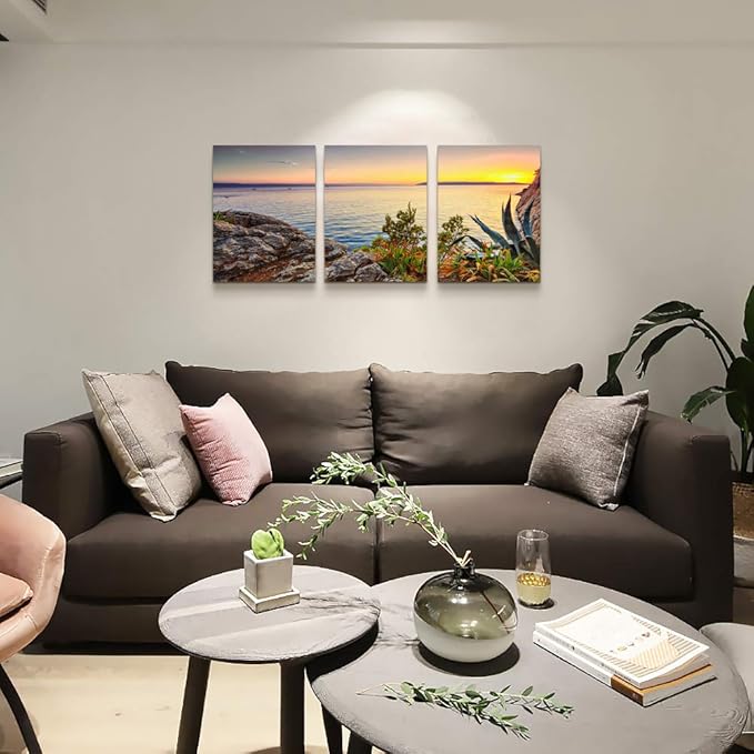 Canvas Wall Art for living room bathroom Wall Decor for bedroom artwork Canvas Prints sun ocean landscape painting 12" x 16" 3 Pieces framed office family wall decorations Pale yellow kitchen picture