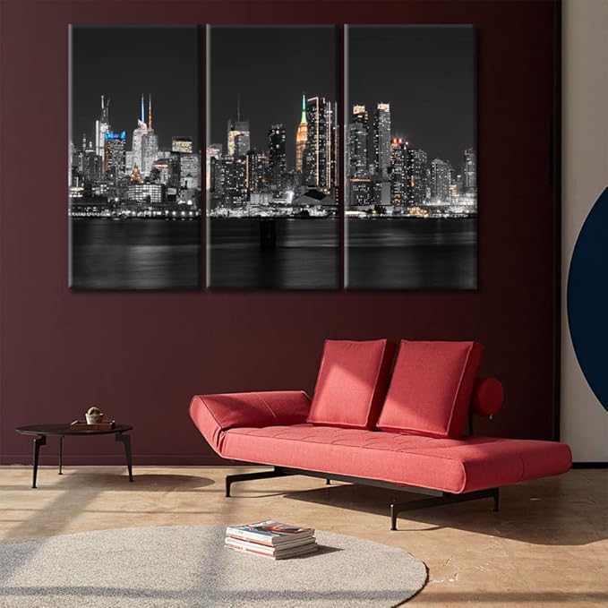 TUMOVO 3 Pieces Manhattan USA Skyline Canvas Paintings Office Decor Hudson River New York City NY USA Wall Decor City Skyline Wall Decor for Bedroom, Living Room.Ready to Hang (60" Wx40 H)