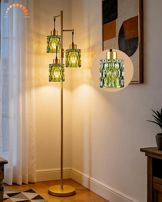 3-Light Modern Glass Floor Lamp, Gold Standing Tall Lamp with Green Cylinder Glass Shade for Reading, Dimmable LED Floor Lamp with 5Lbs Heavy Base for Living Room Bedroom Home Decor, Bulb Included