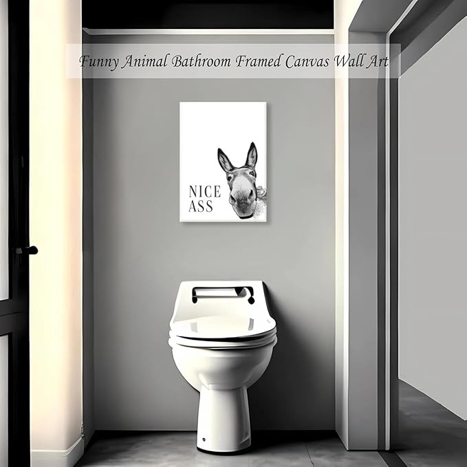 Black And White Donkey Canvas Wall Art, Nice Ass Bathroom Wall Art, Funny Animal Paintings Artwork, Bathroom Black And White Donkey Paintings,Toilet Black & White Wall Decor, Art Prints For Bathroom Toilet 12x16 Inches. Framed