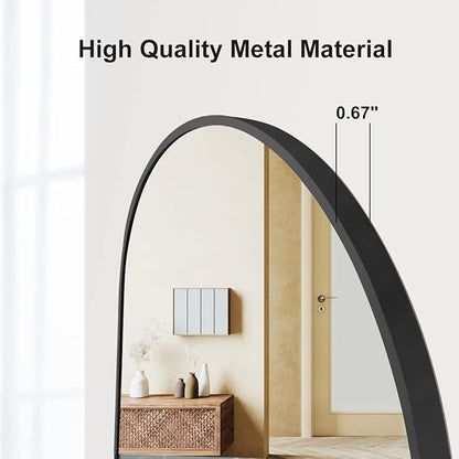 OGCAU 16''x48'' Arched Full Length Mirror for Wall, Full Body Arched-Top Hanging Mirror or Wall Mounted in Bedroom, Living Room, Aluminum Alloy Frame with Straps (Black)