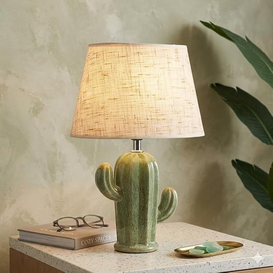 Cactus Lamp, Cute Modern Desk Lamp with Fabric Lampshade & Ceramic Base, Adorable Night Light for Bedroom Nightstand