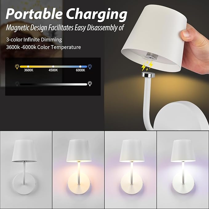 IMQSQIK LED Wireless Wall Lamp Set of 2, with 5600mAh Rechargeable Battery Powered Wall Sconces, Touch for Remote Control Infinite Dimming Be Used for Bedroom Mirror Living Room Wall Painting (White)