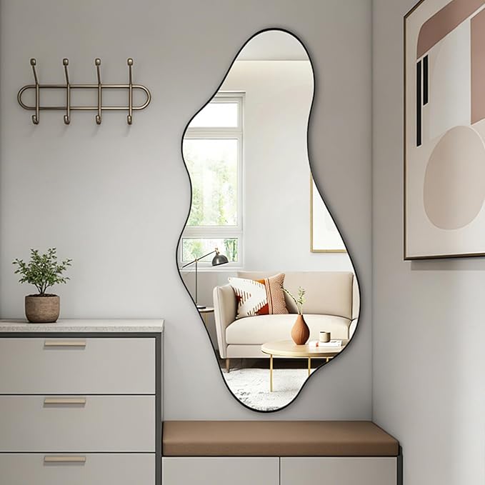 Irregular Wall Mirror, 47"x22" Asymmetrical Aesthetic Mirror with Metal Frame, Modern Organic Shaped Mirror for Living Room Bedroom Hallway Entryway, Horizontal or Vertical Hanging