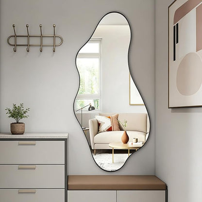 Irregular Wall Mirror, 47"x22" Asymmetrical Aesthetic Mirror with Metal Frame, Modern Organic Shaped Mirror for Living Room Bedroom Hallway Entryway, Horizontal or Vertical Hanging
