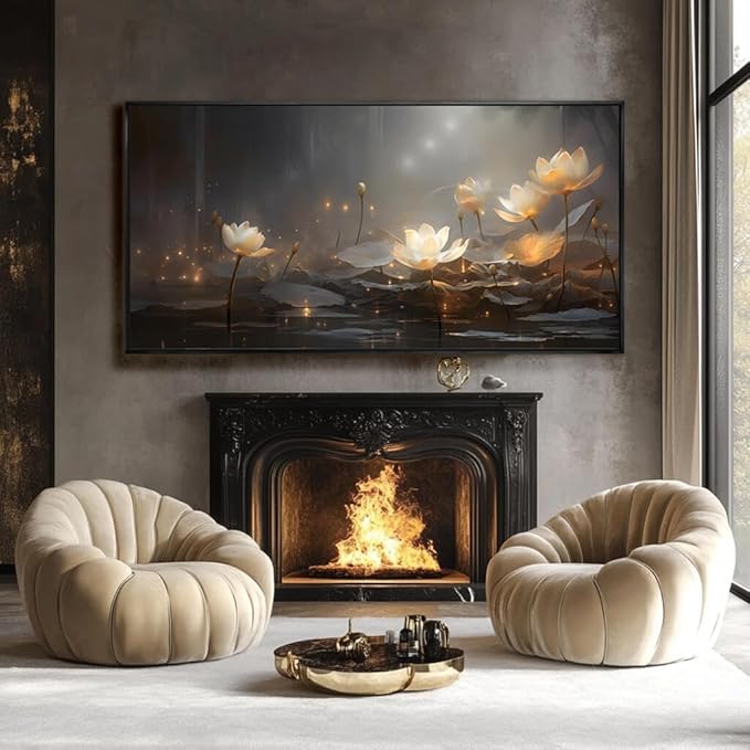 Flower Wall Decor Living Room Decor Modern Artwork 24"x 48" Gold and White Wall Art Floral Large Black Framed Plants Paintings Room Decor