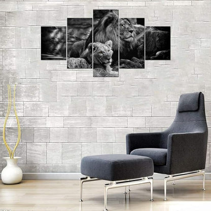 Framed Lion Pictures Wall Decor Modern 5 Panels White Black Lions Canvas Wall Art Easy to Hang Animal Posters for Living Room Bedroom Decor - 60''W x 32''H