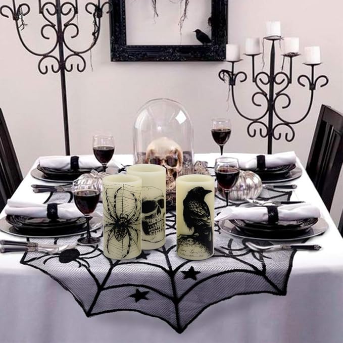 Halloween Flameless Flickering Candles Battery Operated with 6 Hour Timer White Real Wax Spooky LED Pillar Candles Skull Spider Crown Decals Hallloween Indoor Decor(3 x 6 Inches)