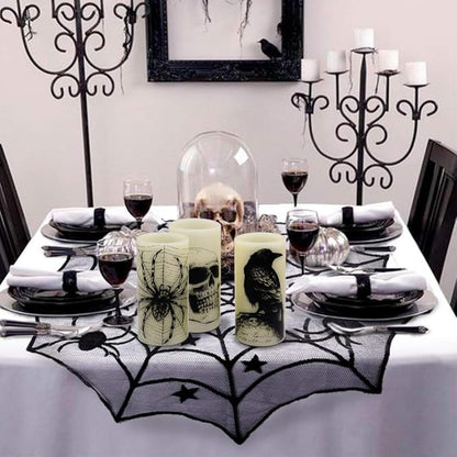 Halloween Flameless Flickering Candles Battery Operated with 6 Hour Timer White Real Wax Spooky LED Pillar Candles Skull Spider Crown Decals Hallloween Indoor Decor(3 x 6 Inches)