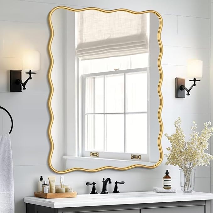 PROHOMEWARE 28 * 40" Gold Bathroom Mirror for Wall,Wavy Rectangular Mirror,Vanity Mirror,Bathroom Mirrors for Wall,Wall-Mounted Metal Frame Mirror for Bedroom Entryway Living Room Farmhouse (Gold)