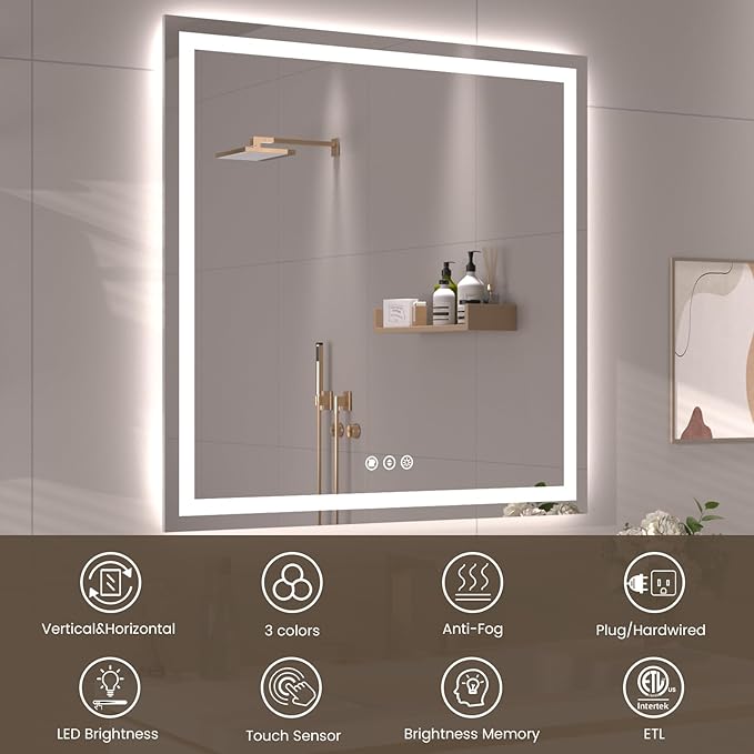 Snowdool 40"X28" LED Bathroom Mirror with Front Lights and Backlit, Anti-Fog, Dimmable, Shatter-Proof Tempered Glass, Lighted Bathroom Vanity Mirror for Wall with 3 Colors, Memory Function