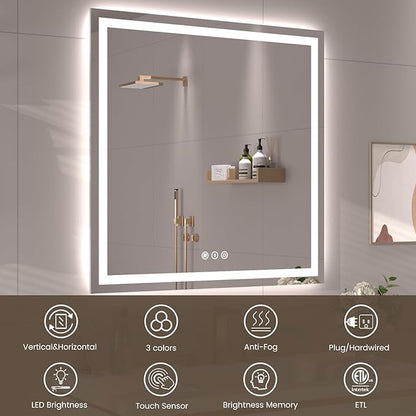 Snowdool 32"X32" LED Bathroom Mirror with Front Lights and Backlit, Anti-Fog, Dimmable, Shatter-Proof Tempered Glass, Lighted Bathroom Vanity Mirror for Wall with 3 Colors, Memory Function