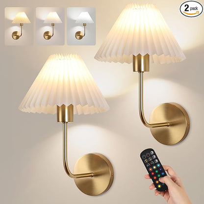 Wireless Wall Sconce Sets of 2, Pleated Shades Rechargeable Battery Operated Wall Sconce, Retro Industrial Gold Wall Lights Bathroom Vanity Sconces, Wall Mounted Lamps for Bedroom Living Room Kitchen