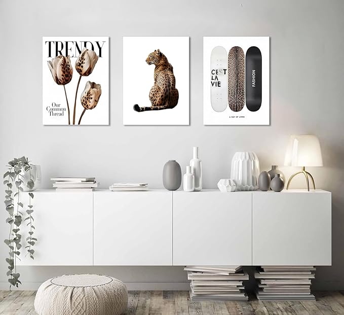 Trendy Leopard Canvas Wall Art Set of 3 Cheetah Printed Preppy Fashion Skateboard Wall Decor Preppy Room Aesthetic posters Prints for Girls Bedroom Apartment Dorm 16x24in Framed Decoration