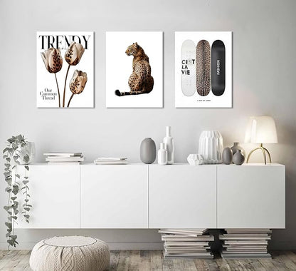 Trendy Leopard Canvas Wall Art Set of 3 Cheetah Printed Preppy Fashion Skateboard Wall Decor Preppy Room Aesthetic posters Prints for Girls Bedroom Apartment Dorm 12x16in Framed Decoration