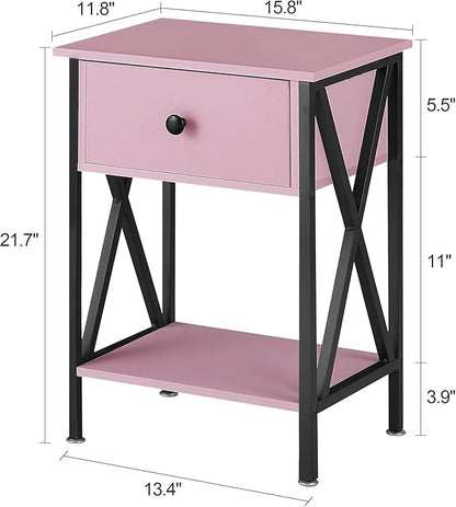 VECELO Nightstand,Modern Bedside End Table, Night Stand with Drawer and Storage Shelf for Living Room Bedroom, Industrial Metal Frame