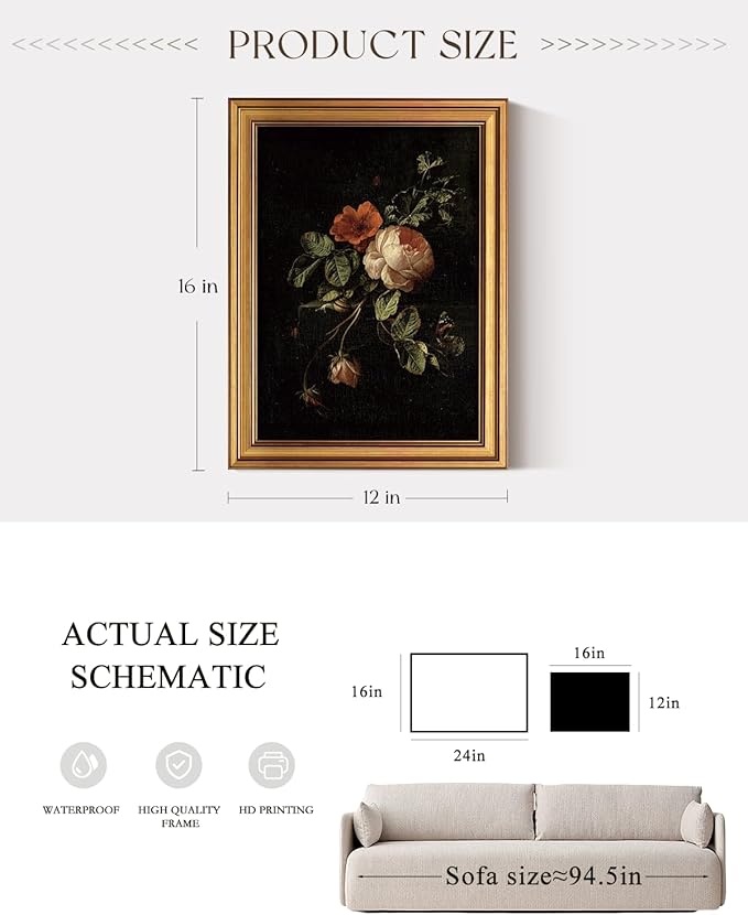 VIYYIEA Vintage Gold Framed Wall Art, Botanical Dark Academia Moody Canvas Decor, Aesthetic Classical Roses Still Life Pictures, Victorian Picture Photo Frame Wall Decor for Gallery Bathroom Bedroom, 12x16inch