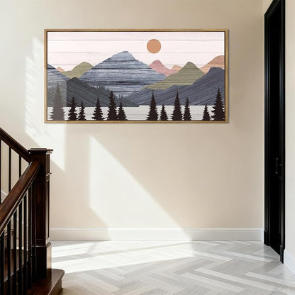 Framed Mountain Wall Art Pine Tree Forest Wall Decor Modern Mountain Range Painting 20x40 Inch for Living Room Bedroom Dining Room