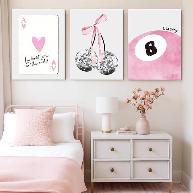 JBZZD Pink Coquette Canvas Wall Art Set of 3 Trendy Preppy Disco 8 Ball Cherry Wall Decor Posters Room Decor Prints Pictures for College Apartment Girls Bedroom Living Room Framed 12x16In
