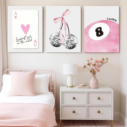 JBZZD Pink Coquette Canvas Wall Art Set of 3 Trendy Preppy Disco 8 Ball Cherry Wall Decor Posters Room Decor Prints Pictures for College Apartment Girls Bedroom Living Room Framed 16x24 In