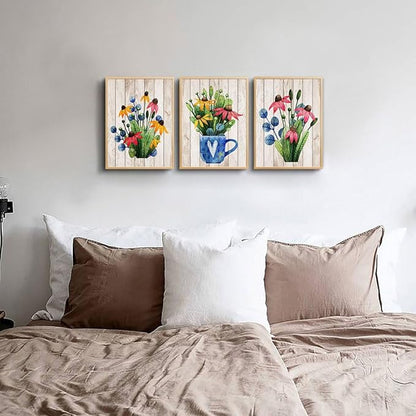 Natural Wood Framed Vintage Wood Grain Plant Flowers Wall Art For Kitchen Wall Decorations For Living Room Bathroom Wall Decor 3 Pieces Framed Canvas Print Artwork Modern Office Home Decor Painting