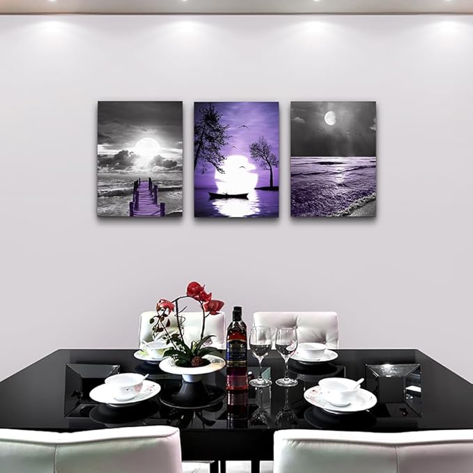 Lapremoly Black And White Purple Ocean Landscape Large Wall Decor For Living Room Canvas Wall Art For Bedroom Wall Painting Office Bathroom Wall Decor Family Posters Modern Home Decorations 3 Piece