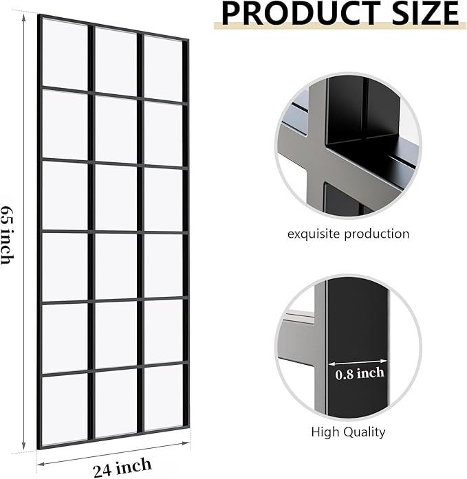Dewfig 65"x 24" Window pane Full Length Mirror, Wall Mirror, Floor Standing Mirrors, Farmhouse Long Full Body Mirrors Wall Mounted for Living Room, Bedroom, Entryway, Fireplace, Black