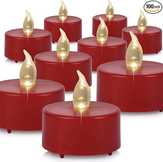 Flameless Tea Lights Candles 100 Pack LED Battery Operated Electric Votive Fake Candles Realistic Flickering and 200+ Hours Long Lasting Bright for Celebrations Festivals (Red)