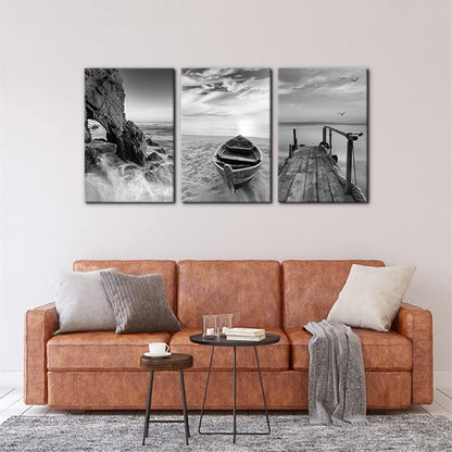 Pacimo 3 Panels Set Framed Canvas Wall Art Print for Seascape Beach and Boat Sunrise Scenery Black and White Giclee Canvas Print Modern Artwork for Wall Decor Ready to Hang - 16"x24"x3 Panels