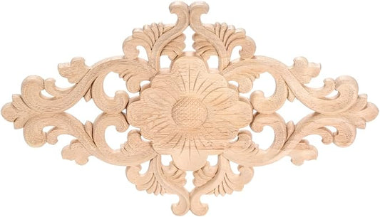 Wood Carved Appliques, 1Pc Wooden Decorative Onlays, MUXSAM Unpainted Furniture Center Decals for Cabinet Dresser Bed Door Wall Wardrobe Ceiling Decoration Home DIY Project, 30x18cm/11.81"x7.09"