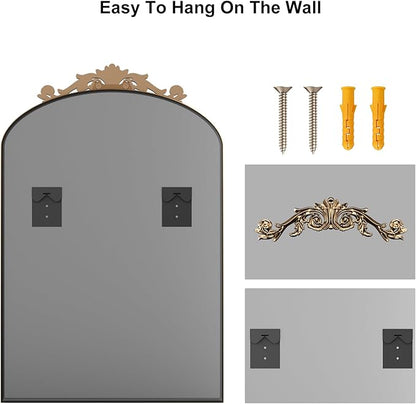 Traditional Vintage Gold Mirror, Antique Arched Mirror, Bronze Decor Wall Mirrors, Large Baroque Mirror with Aluminum Frame, Ornate Mirrors for Bathroom, Living Room, Fireplace (36"x24")