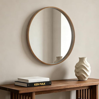 HOMECOOKIN Round Wood Mirror 28 inch Circle Mirror, Rustic Farmhouse Wooden Framed Decorative Wall Decor, Vanity Wall Mirror for Bathroom, Bedroom, Entryway, Living Room (Walnut)