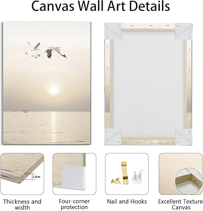 WENGTIAO 3Pcs Seascape Wall Art Beige Reeds Sunset Canvas Paintings Ocean Beach Scenic Prints Pictures Rustic Bridge Boardwalk Wall Decor Seagulls Artwork Posters for Living Room Bedroom 12”x16”x3